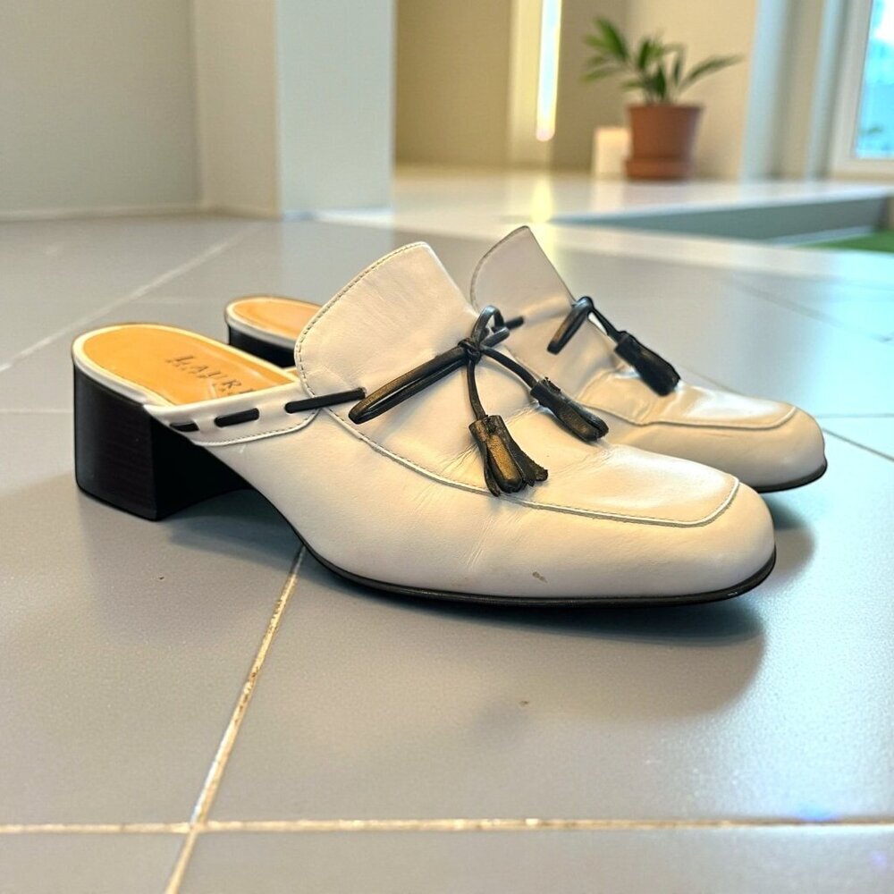 Lauren Ralph Lauren White and Black Leather Mule Heels Women's Size 7B